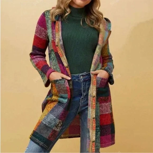 Luxe Plus Plaid Checkered Long Sleeve Pocket Knit Hoodie Sweater Coat Brushed - Picture 3 of 9